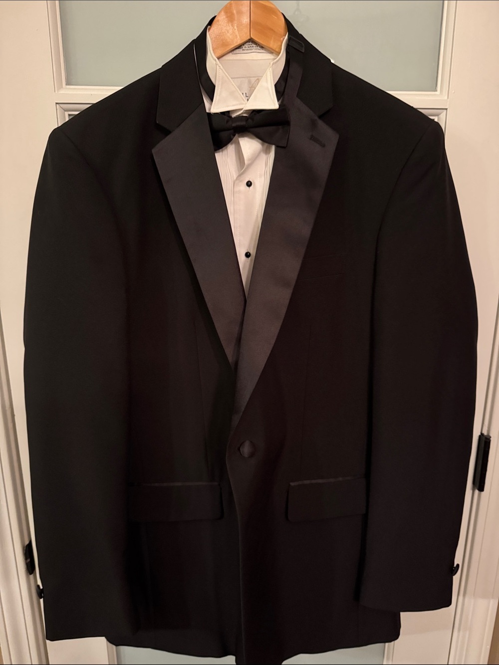 Classic Black Satin-Trim Tuxedo Jacket with Bow Tie